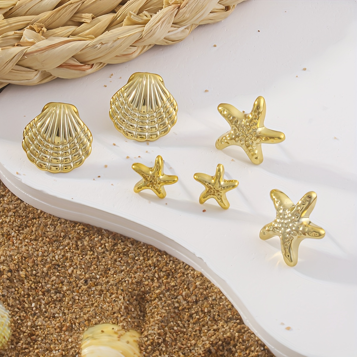 6pcs Starfish & Shell Stud Earrings Set Summer Vacation Style Beach Jewelry